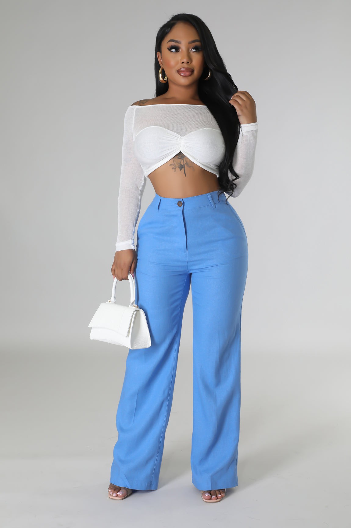 RAINEY LINEN WIDE LEG PANTS - BLUE