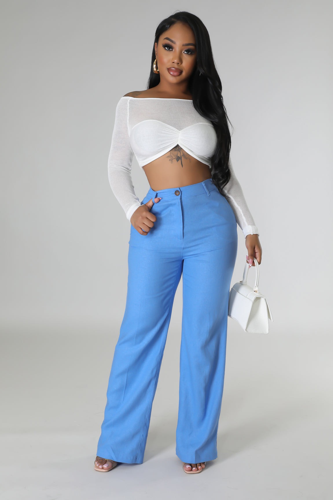 RAINEY LINEN WIDE LEG PANTS - BLUE