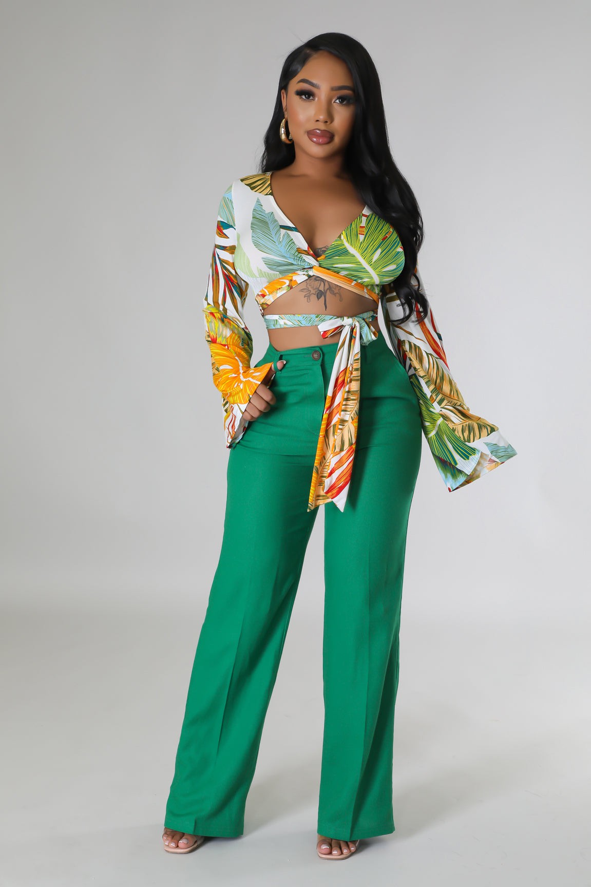 RAINEY LINEN WIDE LEG PANTS - GREEN